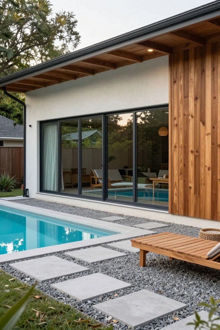 White stucco house exterior with vertical wood cladding on one wall, large black-framed sliding glass doors, turquoise pool, wooden lounge chair on gravel path with concrete pavers, and surrounding grass and plants.