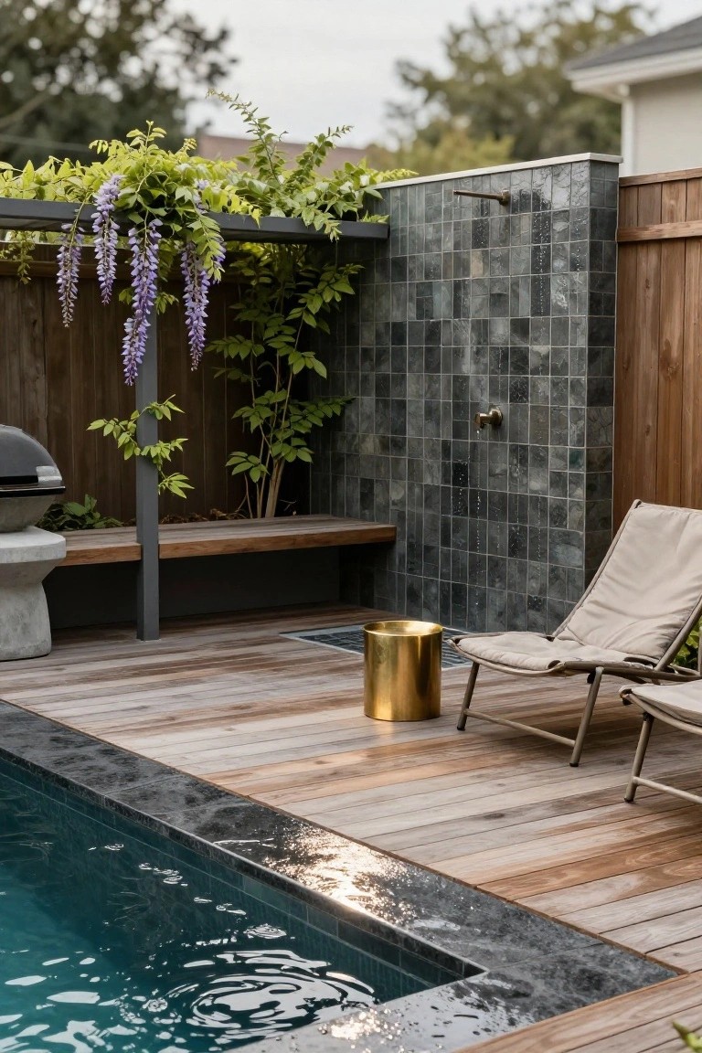 Wooden deck beside a rectangular pool with black tile edge, featuring a beige lounge chair, gold cylindrical stool, concrete pedestal table with barbecue grill, wooden bench, and a dark slate tiled outdoor shower wall partially covered by purple wisteria vines with water flowing from the brass showerhead.