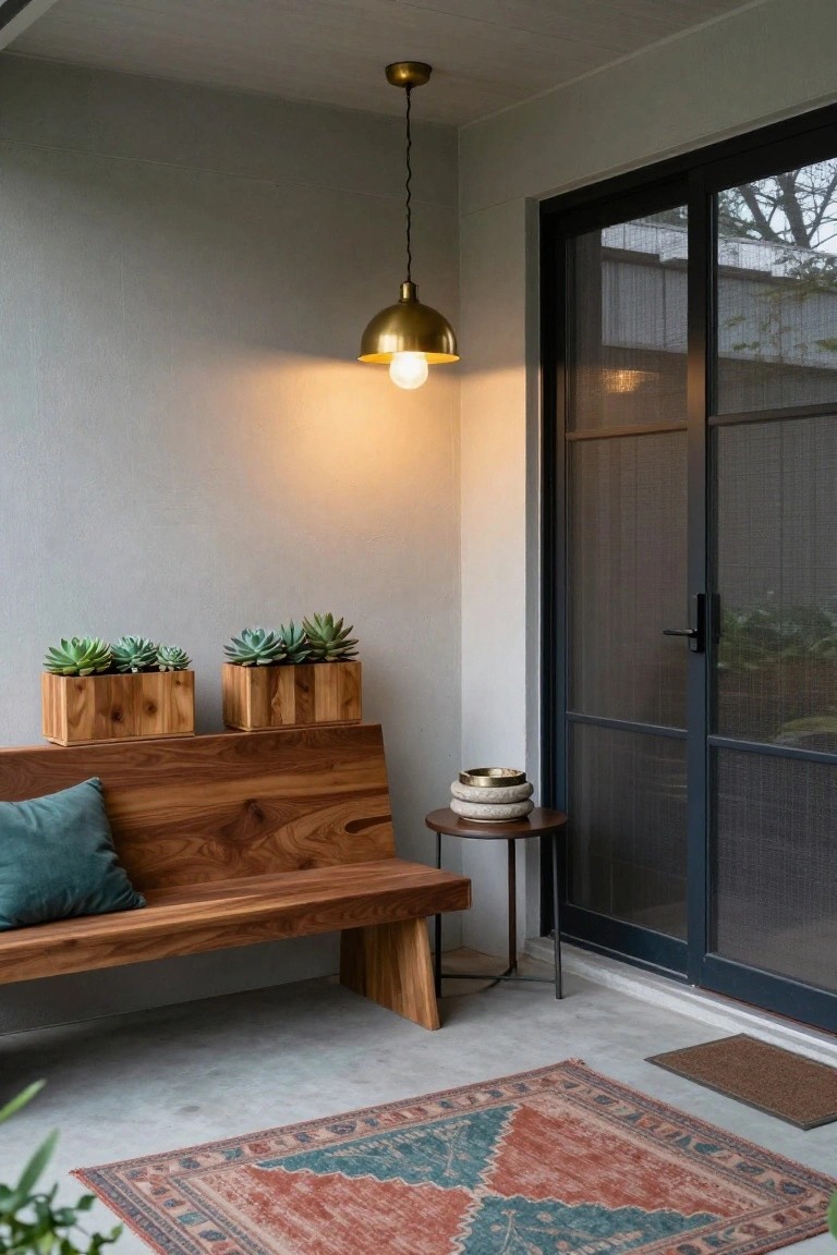 Covered outdoor porch with angled wooden bench, green cushion on seat, wooden boxes of succulents mounted above bench, small round table with brass bowl nearby, patterned rug on concrete floor, and black sliding screen doors to house interior.