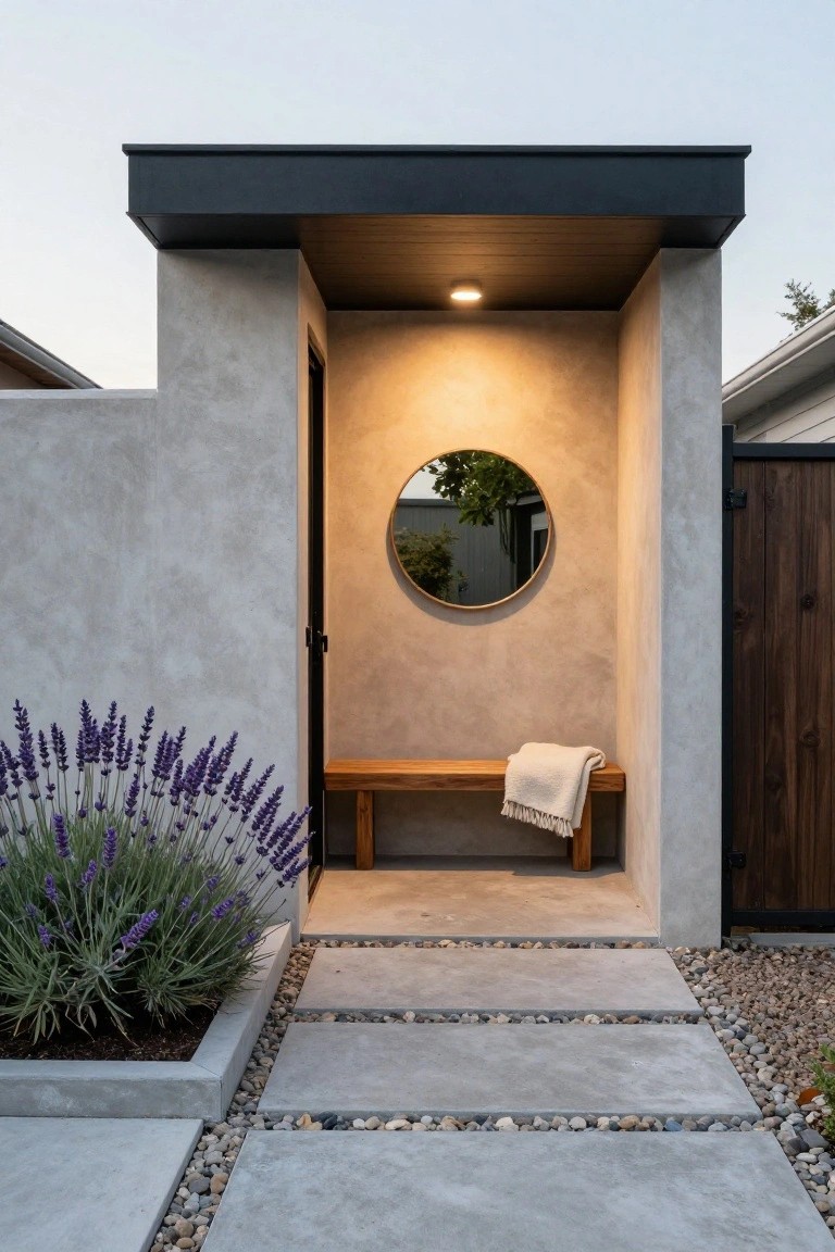 Recessed stucco entry alcove with black door, round wood-framed mirror on wall, wooden bench with white throw blanket, purple lavender plants in bed, concrete paver path edged with pebbles, dark wood fence gate.