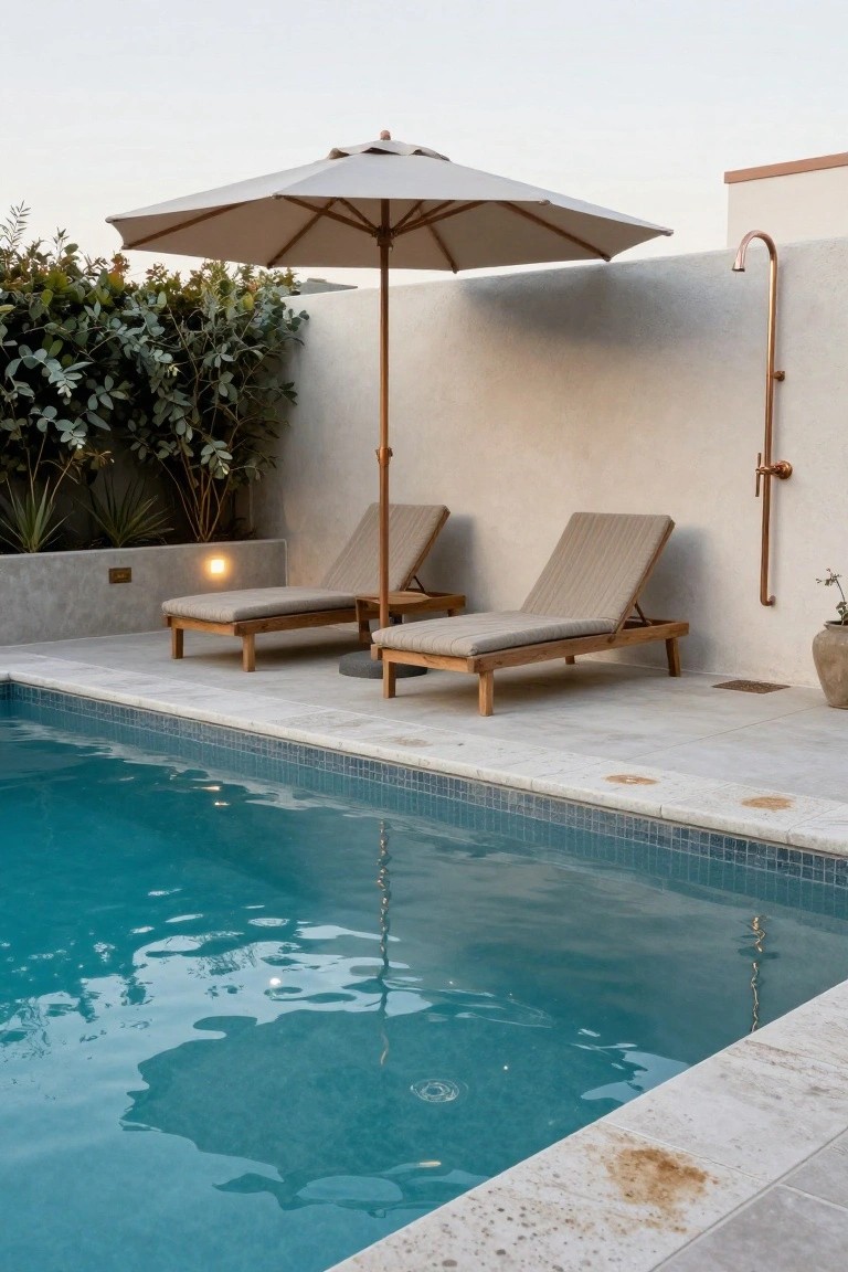 A small infinity-edge pool with blue mosaic tiles, flanked by two beige-cushioned teak lounge chairs under a large beige umbrella, next to a beige stucco wall with a curved copper outdoor shower and potted plants.