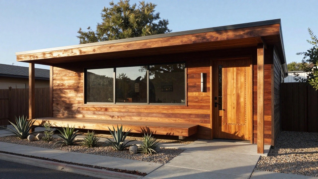 Wooden ranch-style house exterior with vertical board-and-batten siding, covered porch, wooden entry door with glass panel, wall light, potted plant, agave plants, gravel ground cover, and concrete path.