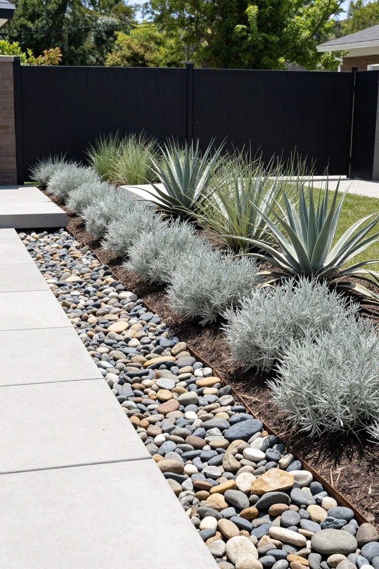 Concrete pathway edged by a strip of mixed pebbles adjacent to a planting bed featuring agave plants and silver-leaved shrubs, with a black fence and house in the background.