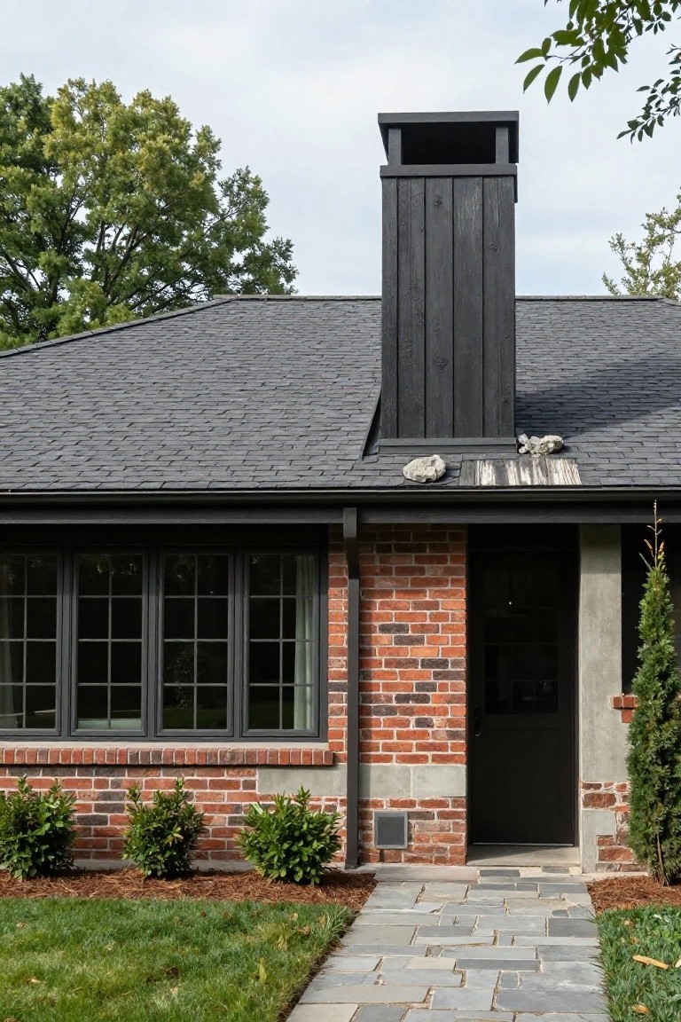 Side exterior of a single-story brick ranch house featuring a tall dark wood chimney on a slate shingle roof, black-framed windows and entry door, boxwood shrubs along the base, flagstone walkway, and surrounding lawn with trees.