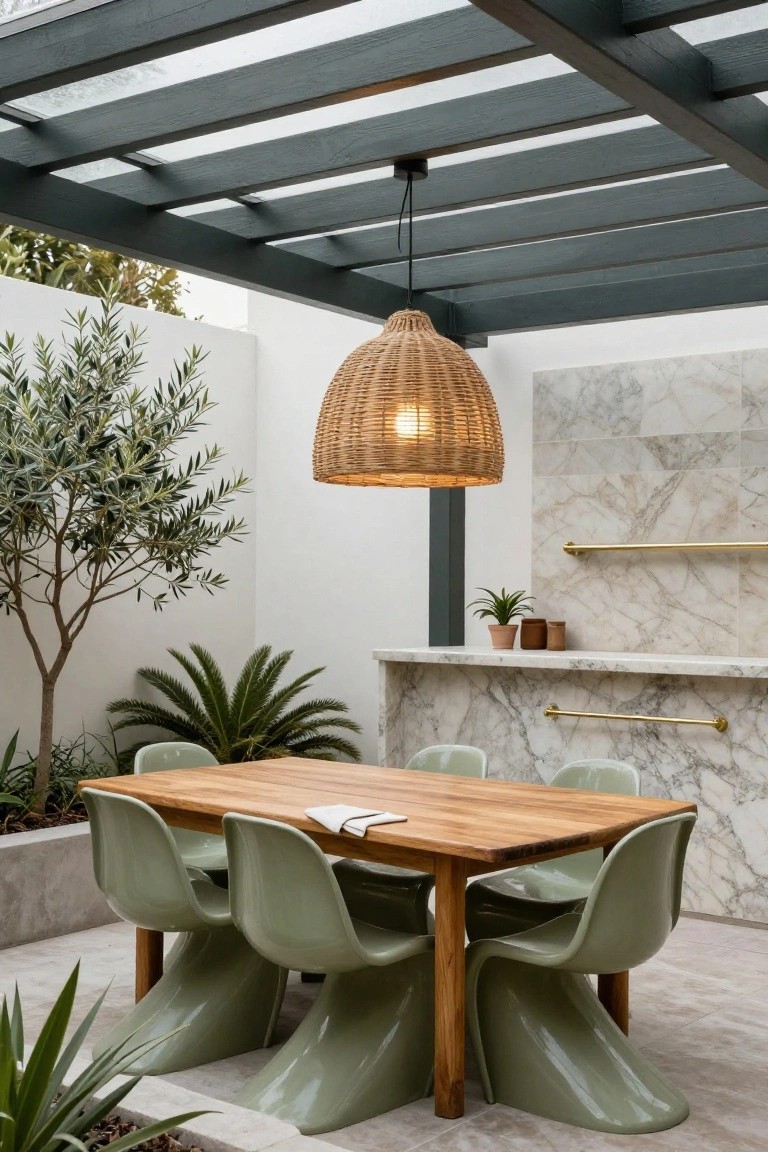 Outdoor covered patio with sage green molded plastic chairs around a rectangular wooden table, rattan pendant light hanging above, marble countertop with gold towel bar nearby, olive tree and plants in the background.
