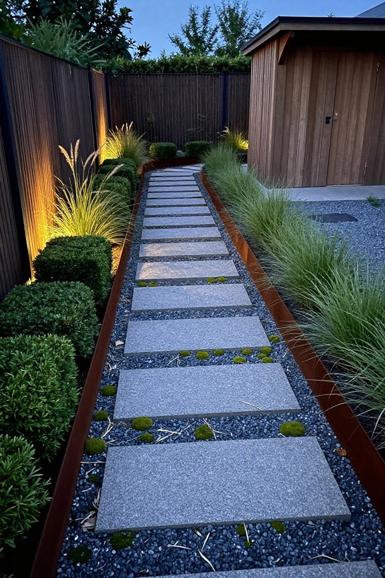 Garden path of large rectangular gray stone slabs set into dark gravel, bordered by rusted metal edging, tall ornamental grasses, and round boxwood shrubs, with uplights along a wooden fence and a wooden shed structure at the end.