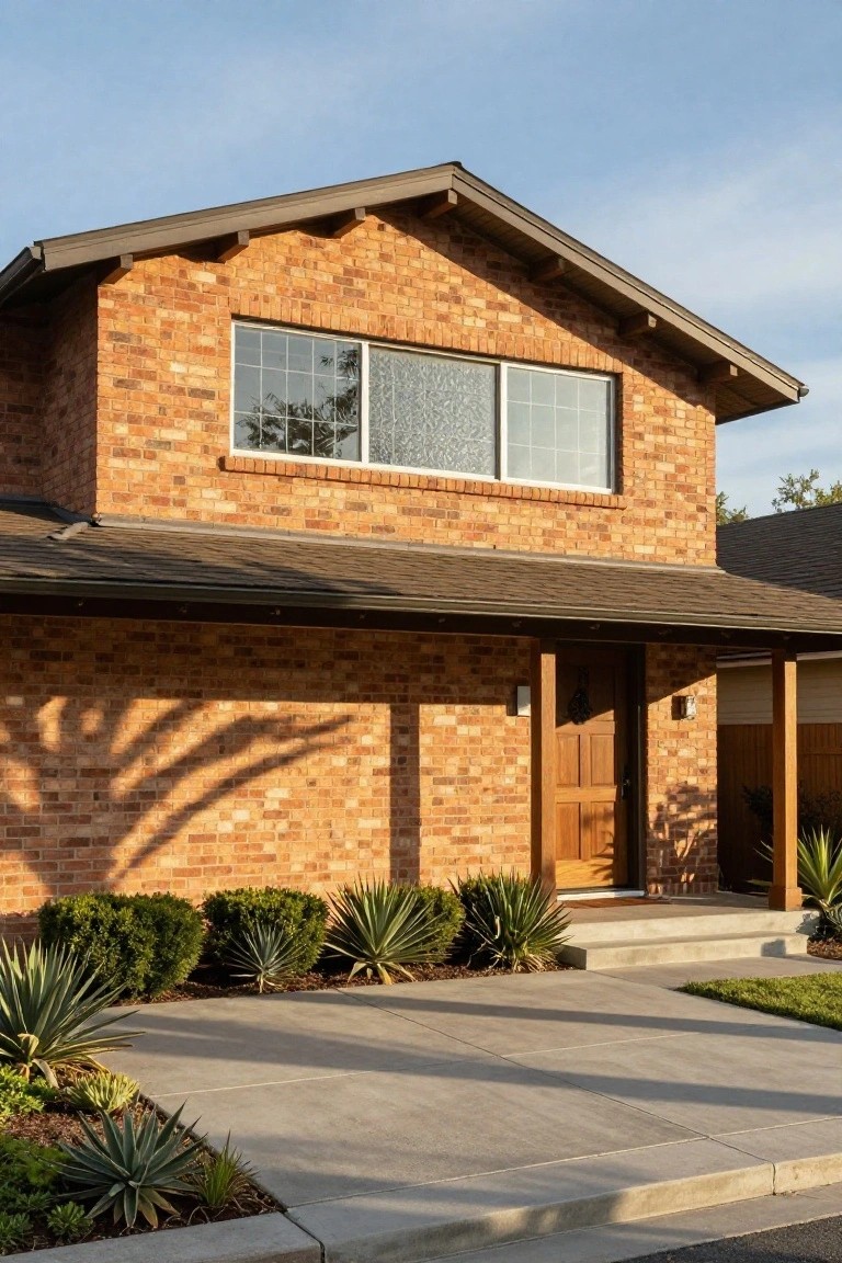 Two-story brick house with wooden door, plants, and concrete driveway.