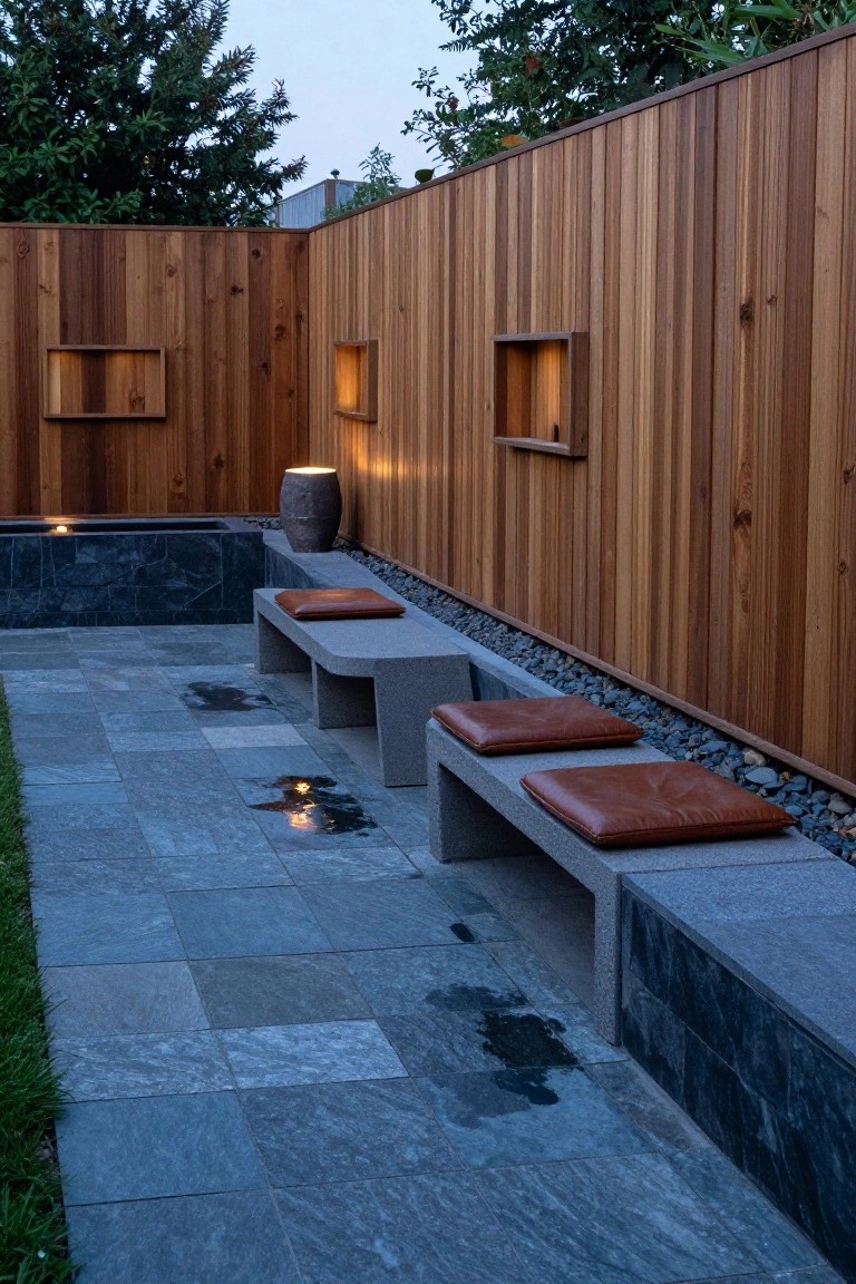 Outdoor patio enclosed by tall vertical wooden fences with niches, featuring curved stone benches topped with red leather cushions on slate pavers beside a stone basin and gravel edging.