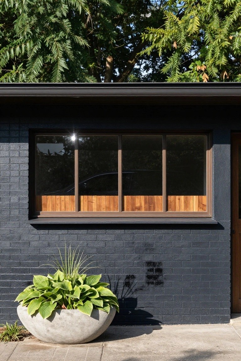 Dark brick house exterior wall with a wide horizontal window featuring wooden trim along the bottom edge, a large white pot of green leafy plants in front, a wooden door to the side, and trees overhead.