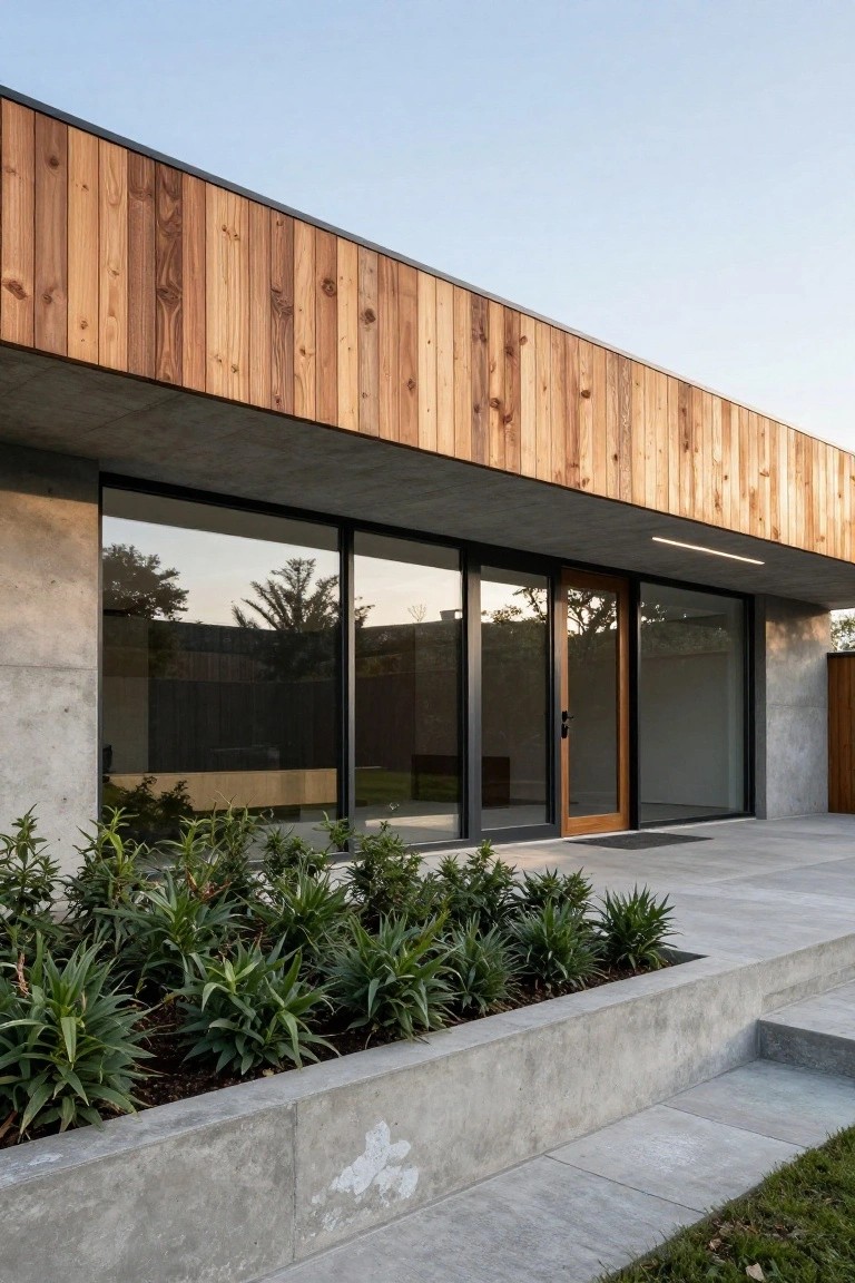 House exterior featuring upper walls clad in vertical wood boards over lower exposed concrete walls, with large black-framed glass windows and doors, a wooden entry door, concrete steps, and a planted bed of agave plants along the base.