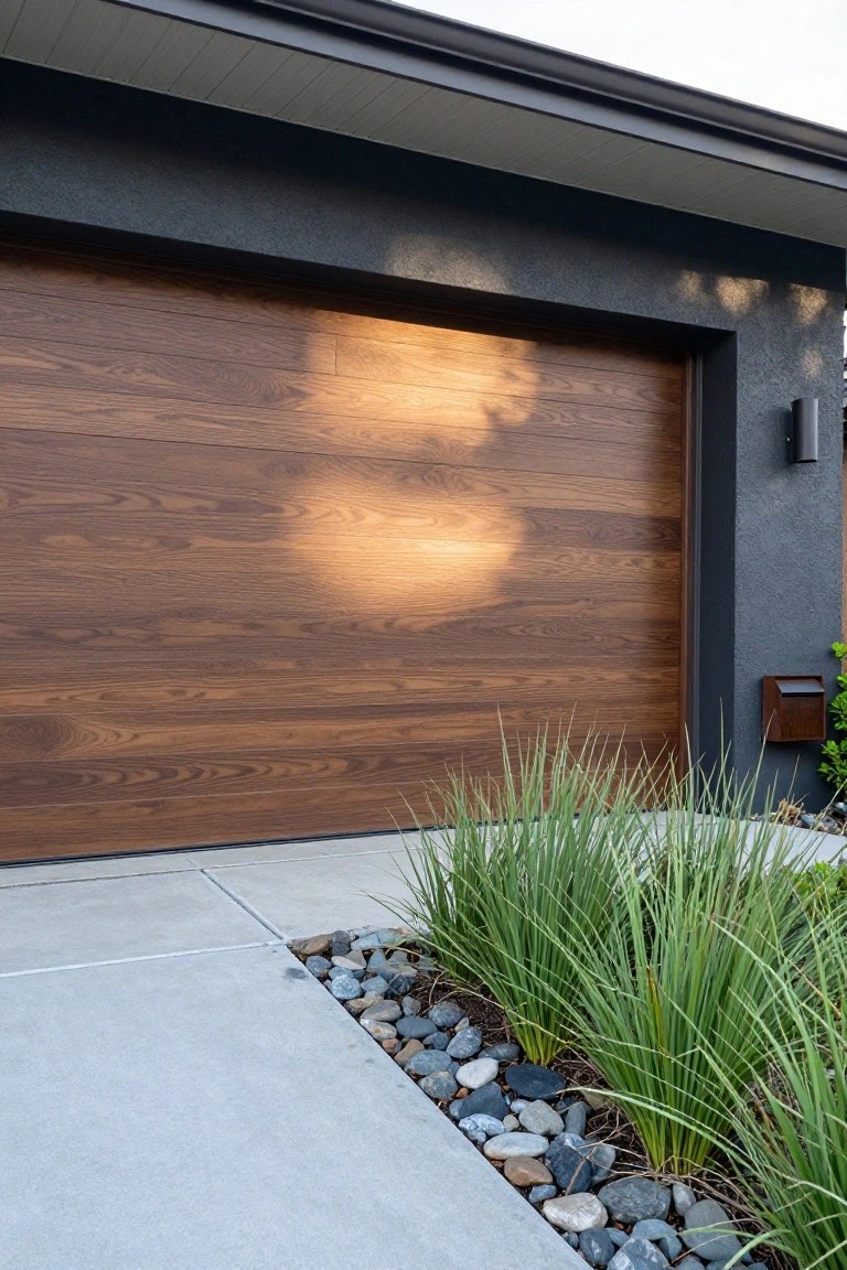 House exterior with large vertical wood plank garage door, dark gray textured siding, black wall light, metal mailbox, and adjacent planting bed of tall ornamental grasses with river rocks on concrete driveway.
