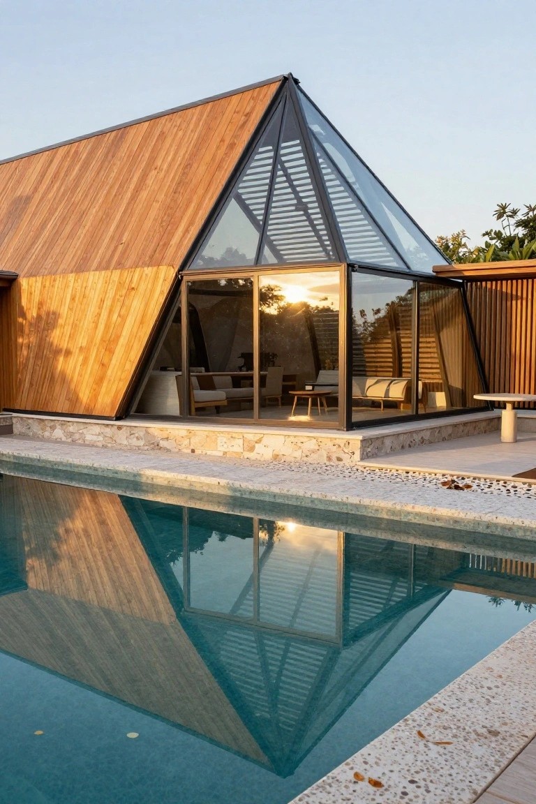 Angular modern house with vertical wooden cladding, large glass walls and triangular roofline next to a rectangular turquoise pool edged in pebble stones at sunset.