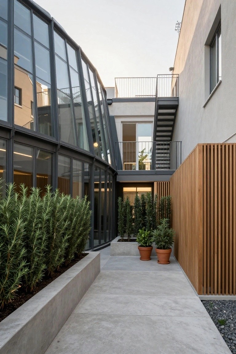 Concrete walkway bordered by tall rosemary hedges in a raised concrete planter on one side and a wooden slatted fence on the other, leading toward glass doors and a curved steel-framed glass wall of a modern building.