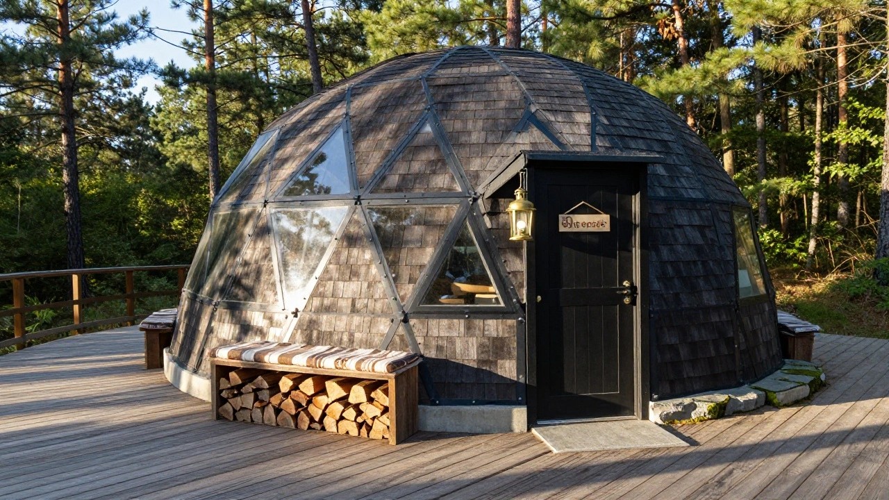 Geodesic dome cabin with dark shingle roof and siding, large black-framed triangular windows, black door labeled "Hosts", wooden bench, gold lantern, and firewood stack on a deck surrounded by pine forest.