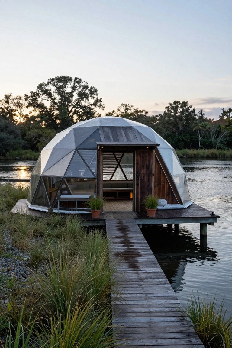 Geodesic dome home with translucent panels and wooden decking built on a dock extending over a lake, with a walkway leading from grassy shore lined with reeds and trees in the background at dusk.