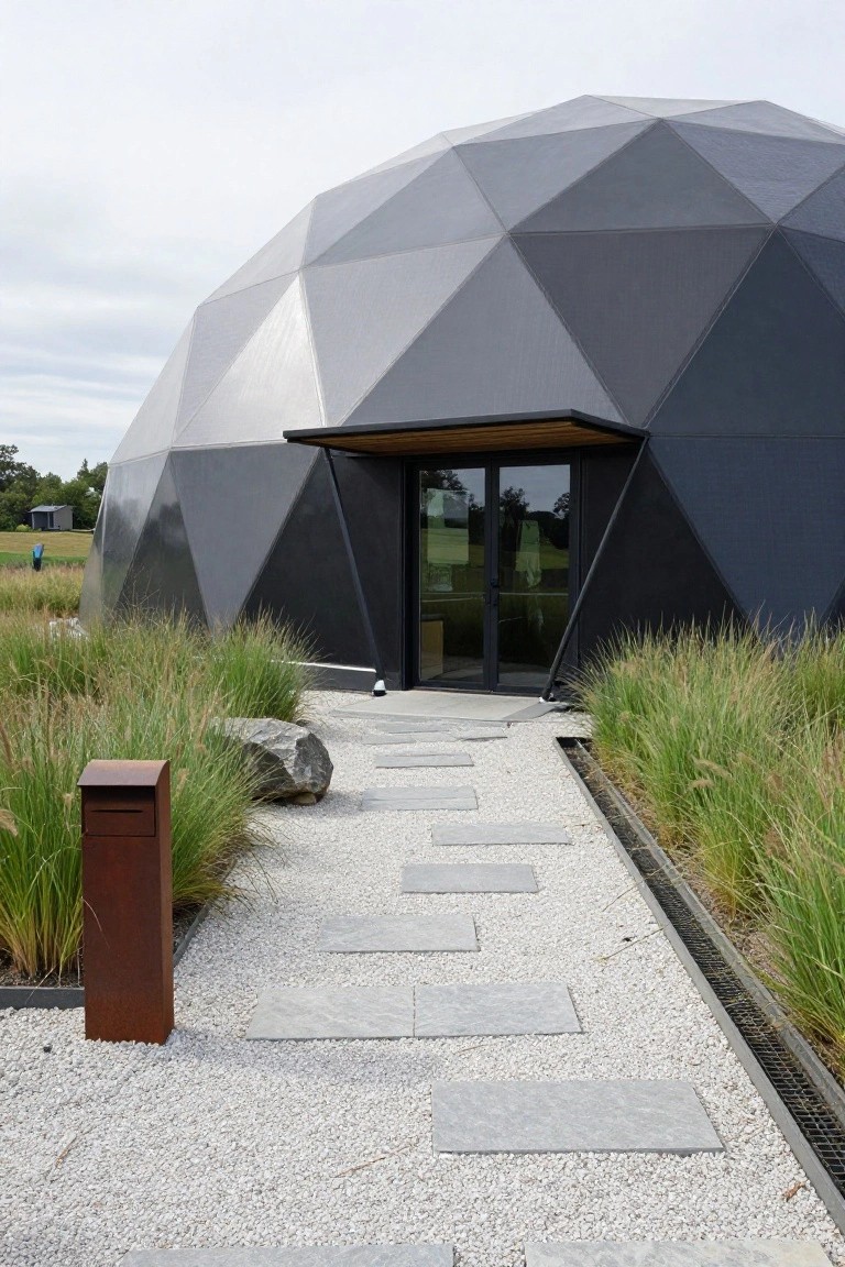 Black and silver geodesic dome home with a recessed wooden entry canopy over glass doors, a gravel path with stepping stones lined by tall grasses and a large rock, and a rusted metal mailbox nearby.
