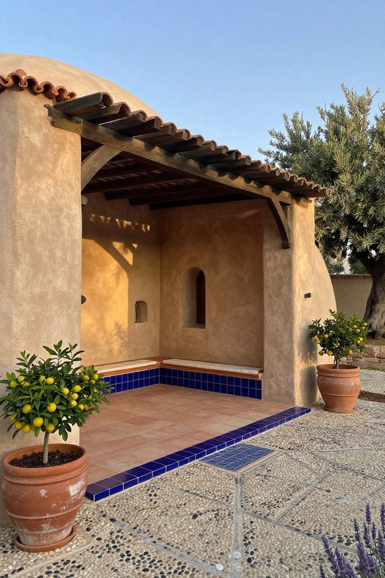 Beige adobe-style dome home exterior with wooden-beamed covered porch, built-in bench along blue-tiled edge, potted lemon trees flanking the entrance, pebble stone patio, and olive tree nearby.