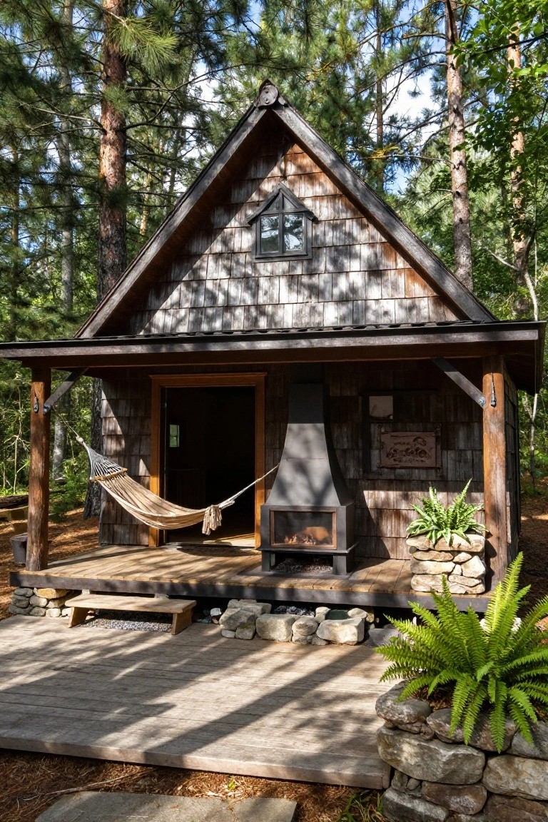 Small gabled wooden cabin with gray shingle siding and open porch deck amid tall pine trees, hammock on porch, outdoor wood stove chimney, potted ferns, and stone retaining walls.