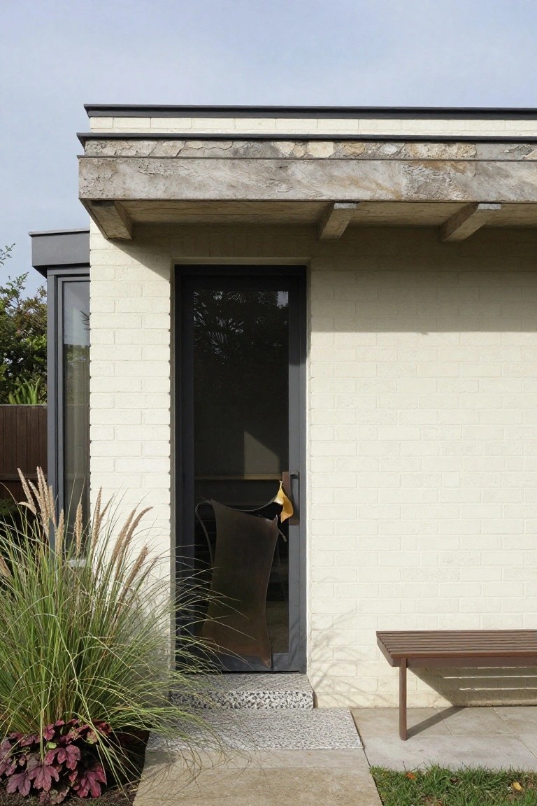 White brick house wall with dark-framed screen door under a cantilevered overhang of stone and wood beams, flanked by pampas grass and potted plants, wood bench, and gravel path.