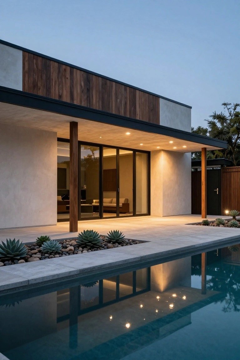 Side view of a modern stucco and wood-clad house with a covered terrace featuring timber posts, large sliding glass doors, and paver deck adjacent to a rectangular pool edged with agave plants and pebbles, lit at dusk.