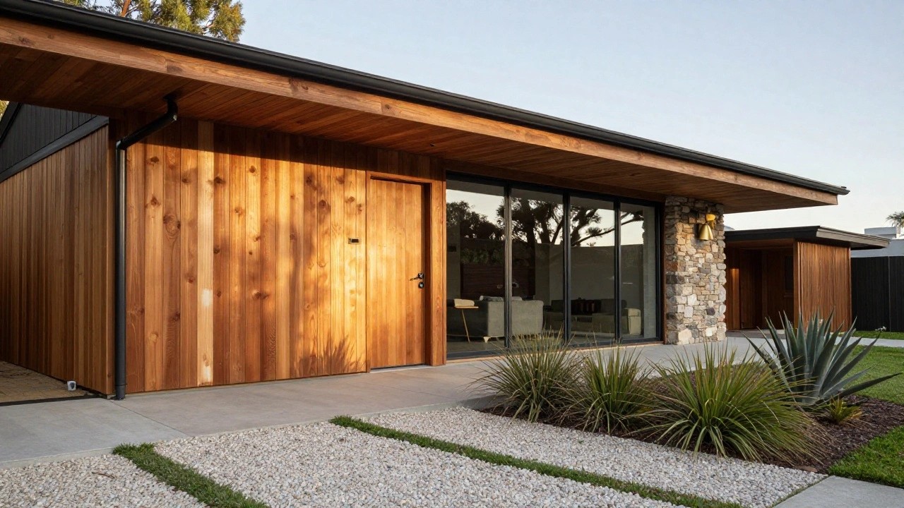 Side view of a single-story house with vertical warm wood siding, black-framed large windows, wooden door, stone chimney base, overhanging roof, gravel pathway, grass plants in concrete planters, and tall eucalyptus trees nearby.