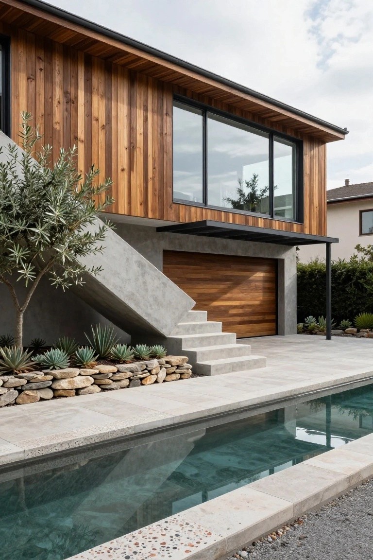 Modern house exterior with vertical wood cladding on walls and roof overhang, concrete staircase and garage accents, wooden garage door, olive tree, succulents in rock garden, and narrow pool alongside tiled patio.