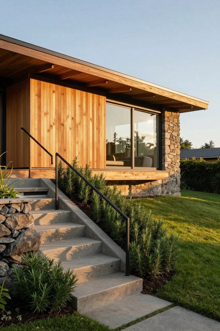 Side view of mid-century modern house exterior with vertical cedar wood siding on upper entry, stone wall base, large glass sliding door and window, concrete steps with black metal railing, rosemary plants along stairs, and green lawn.