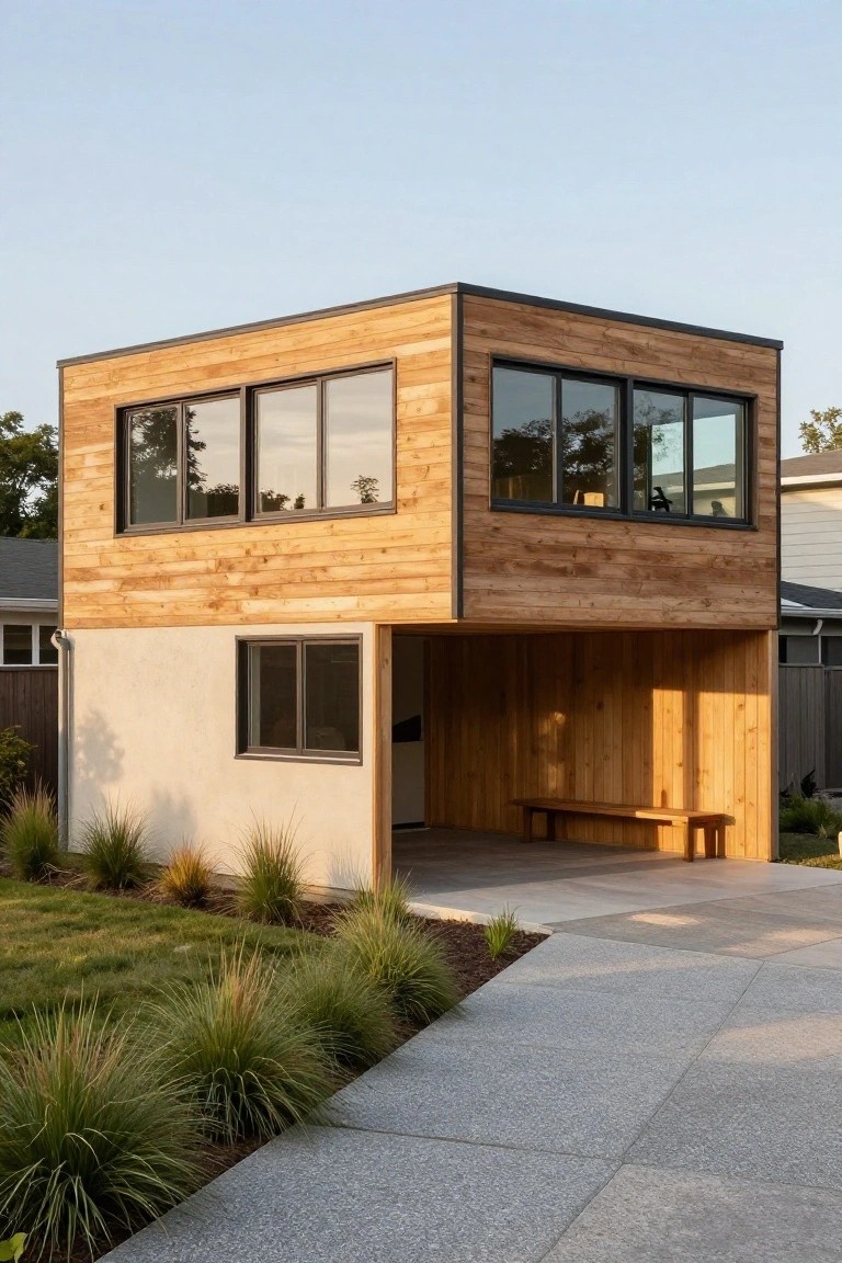 Modern wooden house with covered patio, large windows, and concrete walkway.