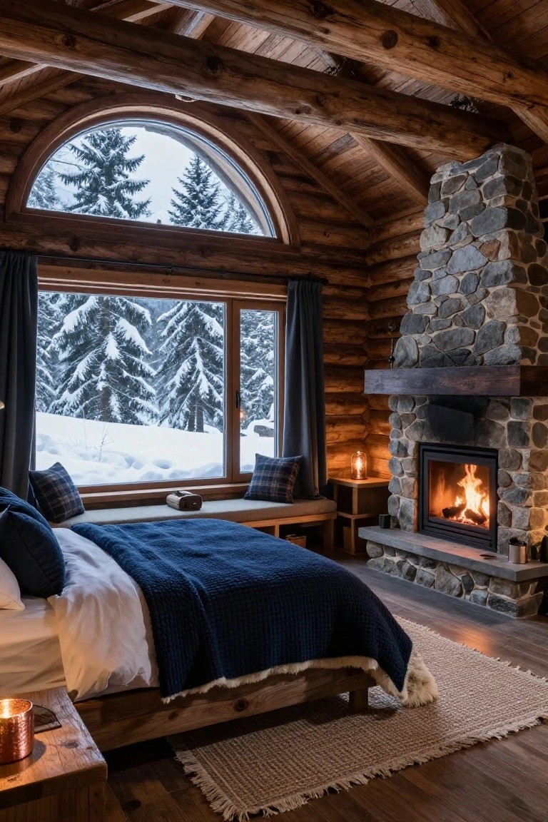 Rustic log cabin bedroom with wooden walls and ceiling, large arched window showing snow-covered pine trees and hills, stone fireplace with burning logs, blue bed with white sheets, window bench with plaid pillows, and wooden side table with candle.