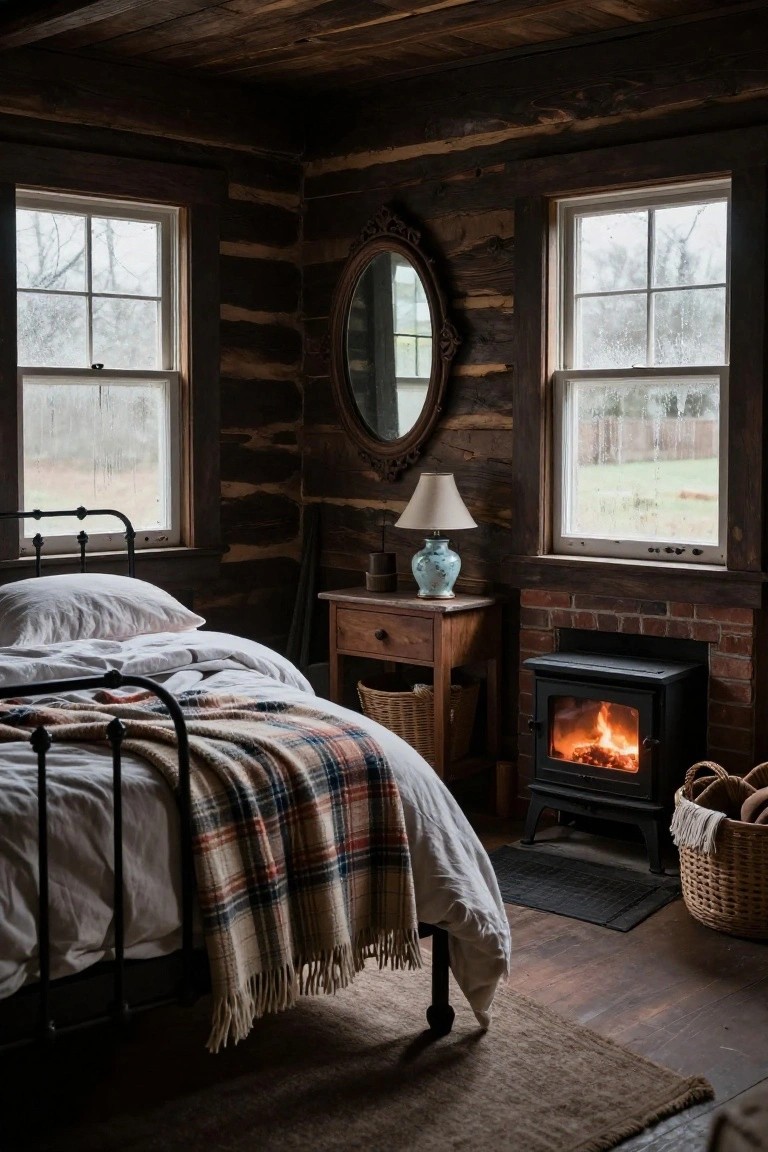 Corner of a rustic log cabin bedroom with black iron bed draped in white linens and plaid blanket, wood-burning stove on brick hearth with active fire, oval mirror, blue lamp on wooden nightstand, and two paned windows showing rainy outdoor view.