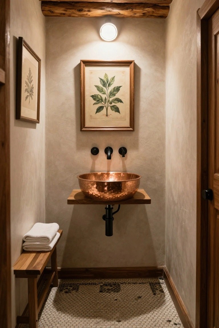 Small rustic interior powder room with hammered copper vessel sink on wooden shelf, black wall-mounted faucets, wooden bench with folded towels, two framed botanical prints on plaster walls, log ceiling beams, and hexagonal tile floor.