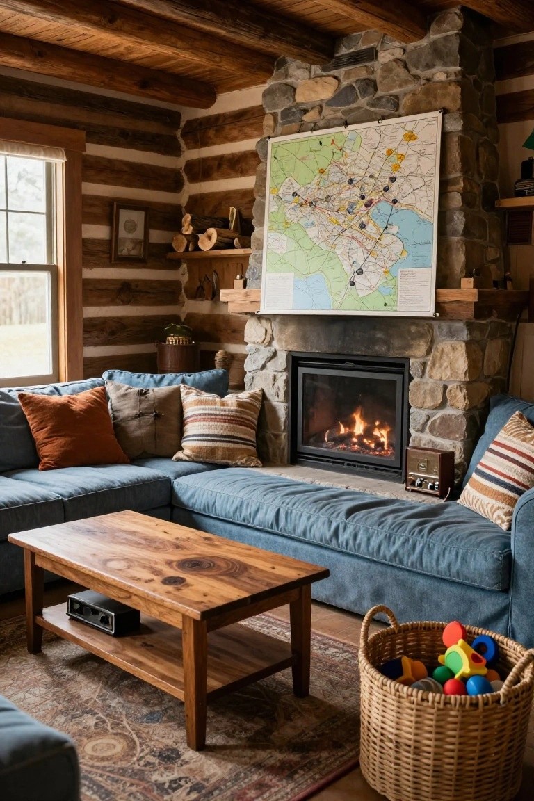 Rustic log cabin living room featuring log walls, a large stone fireplace with gas flames, blue L-shaped sectional sofa, wooden coffee table, pillows, area rug, wall map, and wicker basket of colorful toys.