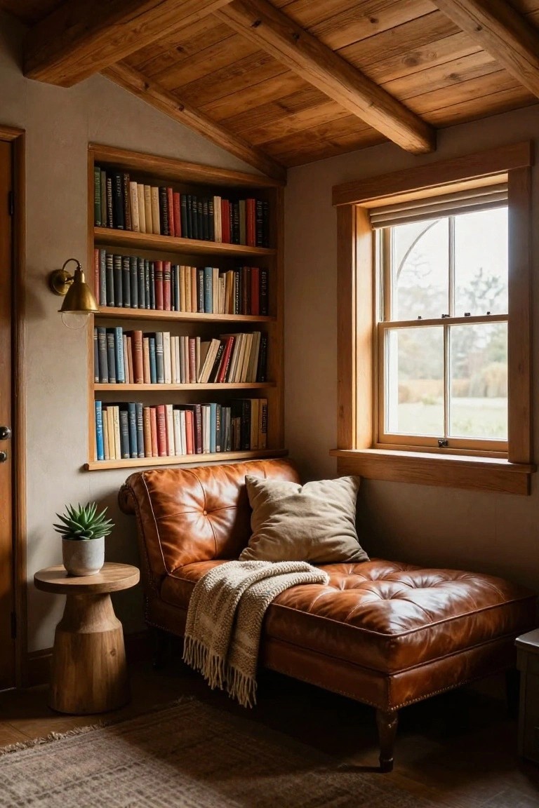 Rustic cabin interior with wooden beamed ceiling and walls, built-in wooden bookshelves filled with colorful books, brown leather chaise lounge with beige pillows and knit blanket next to a window with fields outside, potted succulent on wooden side table, and jute area rug on wood floor.