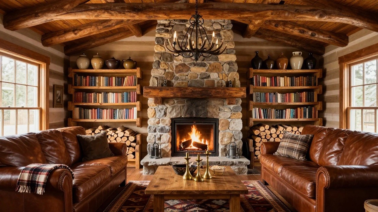 Log cabin living room interior with tall stacked stone fireplace burning a fire, leather sofas, wooden coffee table, antler chandelier, and wooden beams overhead.