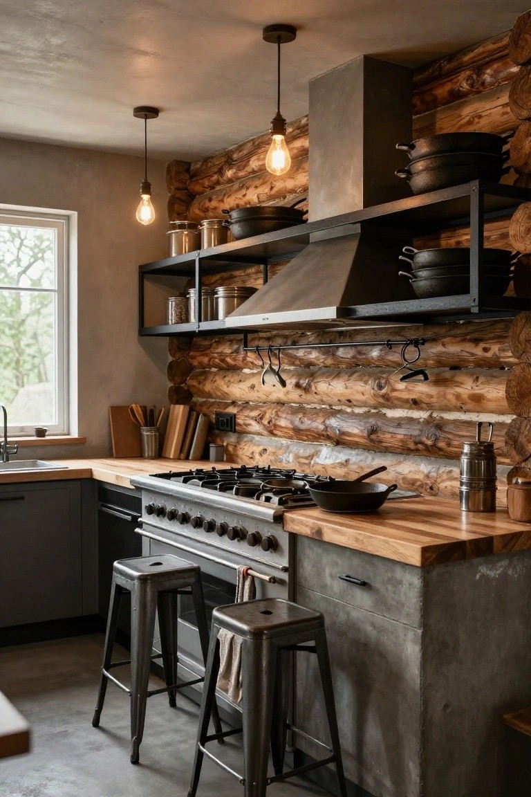 Rustic log cabin kitchen interior with exposed vertical log walls behind a large gas range oven, black metal open shelving holding cast iron pots and pans, wood countertop, sink, and two metal bar stools.