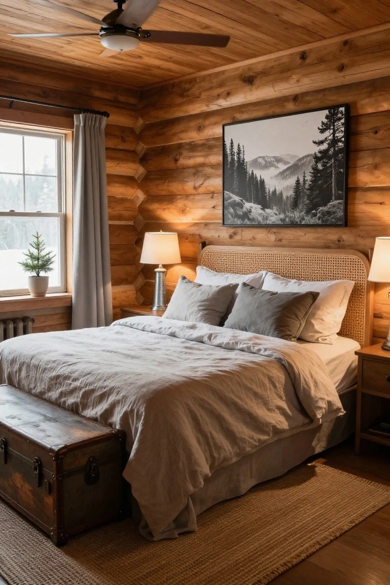 Log cabin bedroom with paneled wood walls and ceiling, rattan headboard on king bed with white duvet cover and gray pillows, bedside lamps, trunk at bed foot, window with small Christmas tree, and mountain photo on wall.