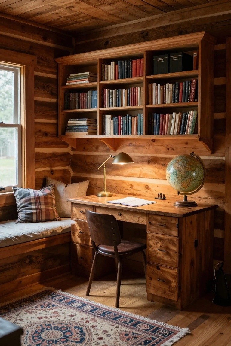 Log cabin interior with wooden log walls and ceiling, extensive built-in wooden bookshelves, wooden desk with chair, brass banker's lamp, globe, open notebook on desk, cushioned window seat with plaid pillows, and window showing outdoor view.