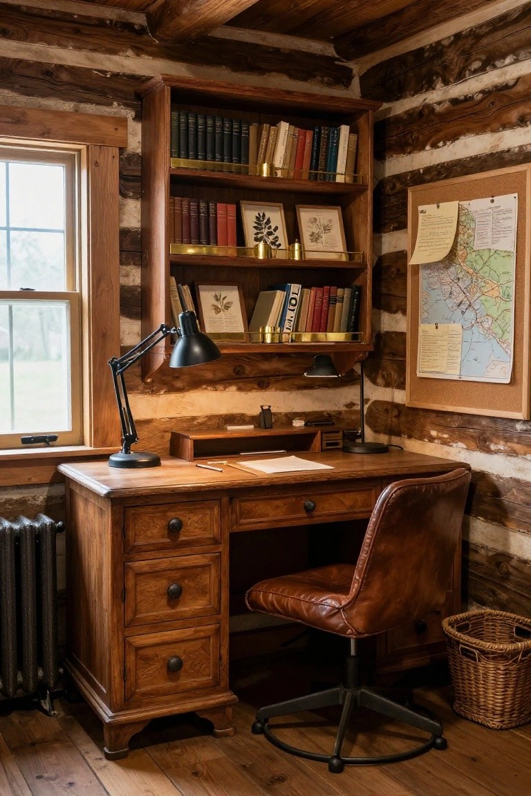 Cozy wooden cabin office with desk, leather chair, and bookshelf.