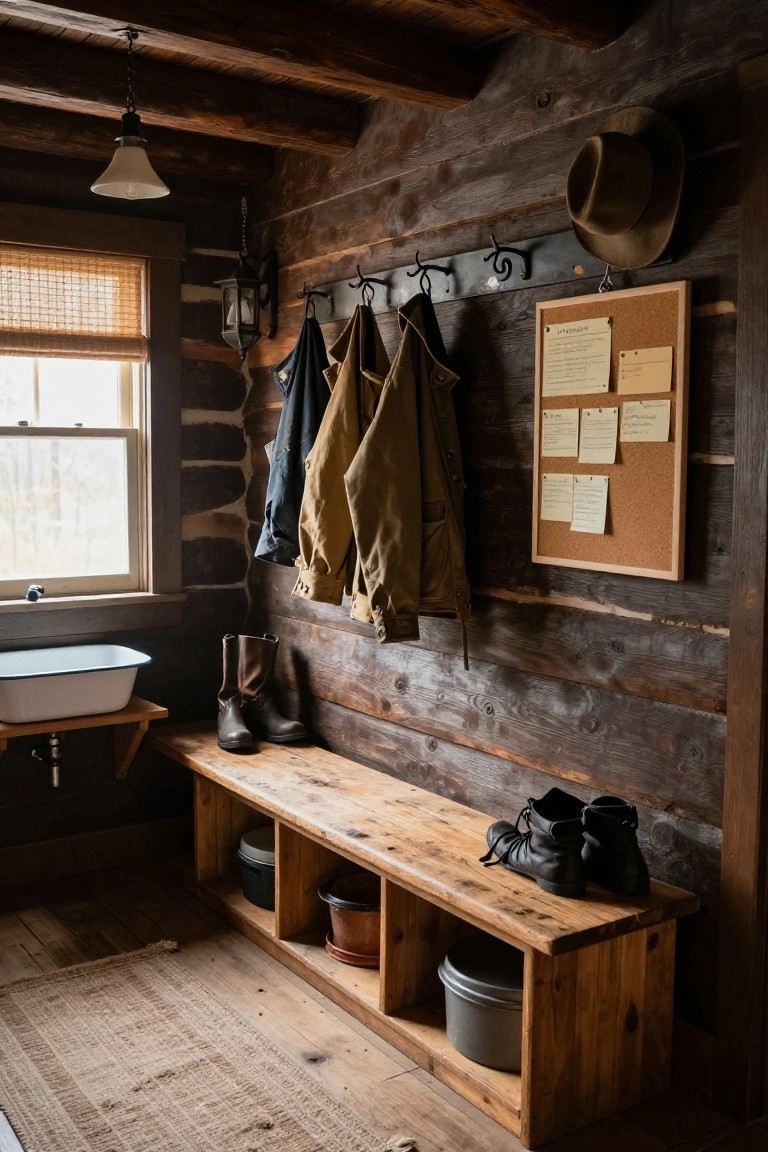 Rustic log cabin mudroom with wooden bench, hanging coats, boots, and corkboard.