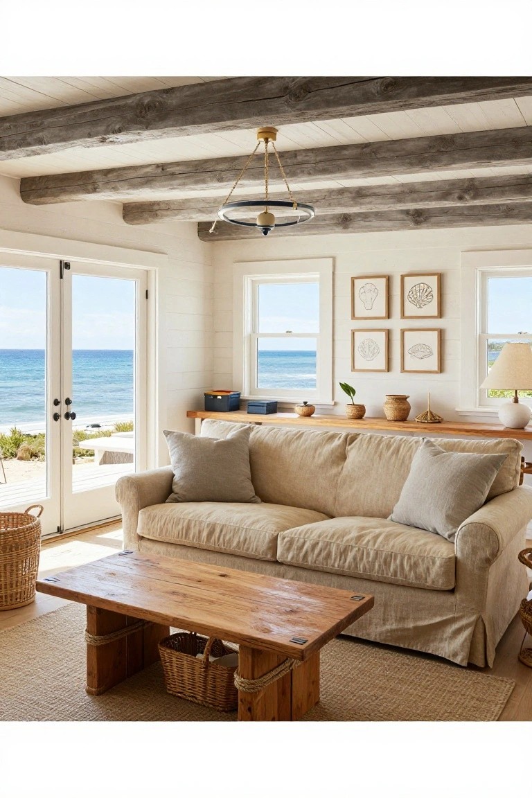 A living room with exposed dark wooden ceiling beams, white shiplap walls, beige linen sofa, low wooden coffee table with rope accents, built-in shelf, and large windows showing ocean views.