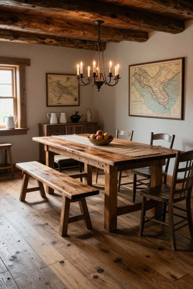 Rustic dining room interior with exposed wooden beams on ceiling, large rectangular farmhouse table covered in runner and holding bowl of apples, wooden benches and ladderback chairs, candle chandelier, two maps on walls, sideboard with pitchers, and wooden floors.