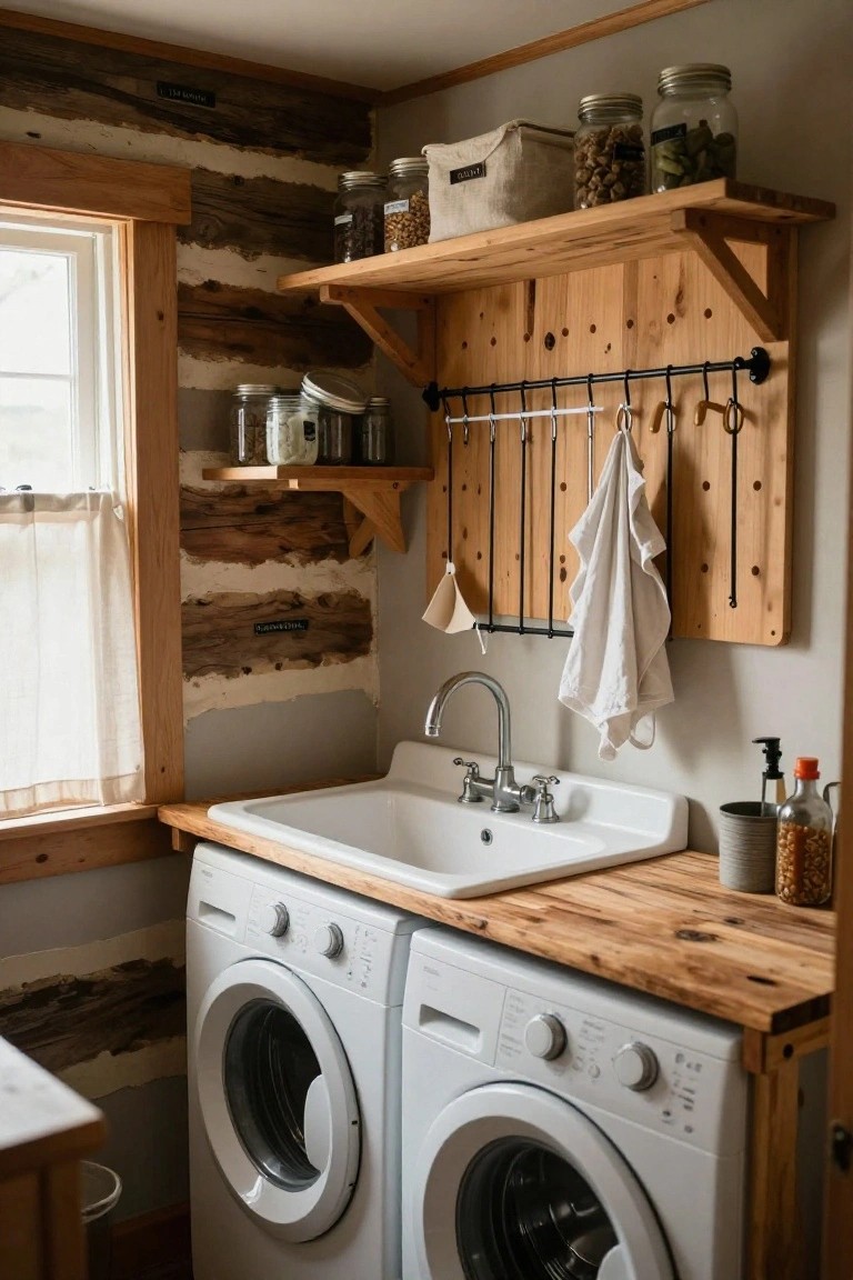 A log cabin laundry room with white washing machines, a white porcelain sink on a wooden counter, wooden open shelves holding glass jars and baskets, peg rails with hanging white towels and utensils, and log walls.