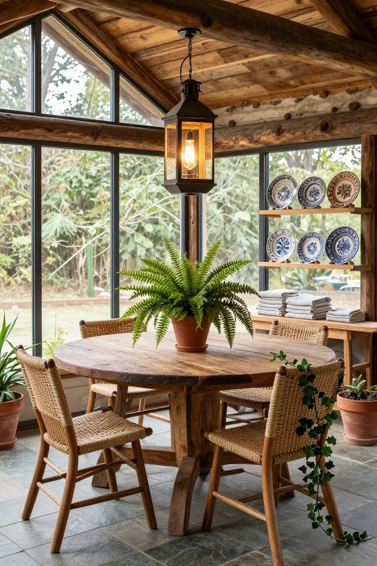 Rustic log cabin sunroom interior with a round wooden dining table, rattan chairs, central potted fern plant, hanging lantern light, shelves displaying blue and white plates, and large windows showing outdoor greenery.