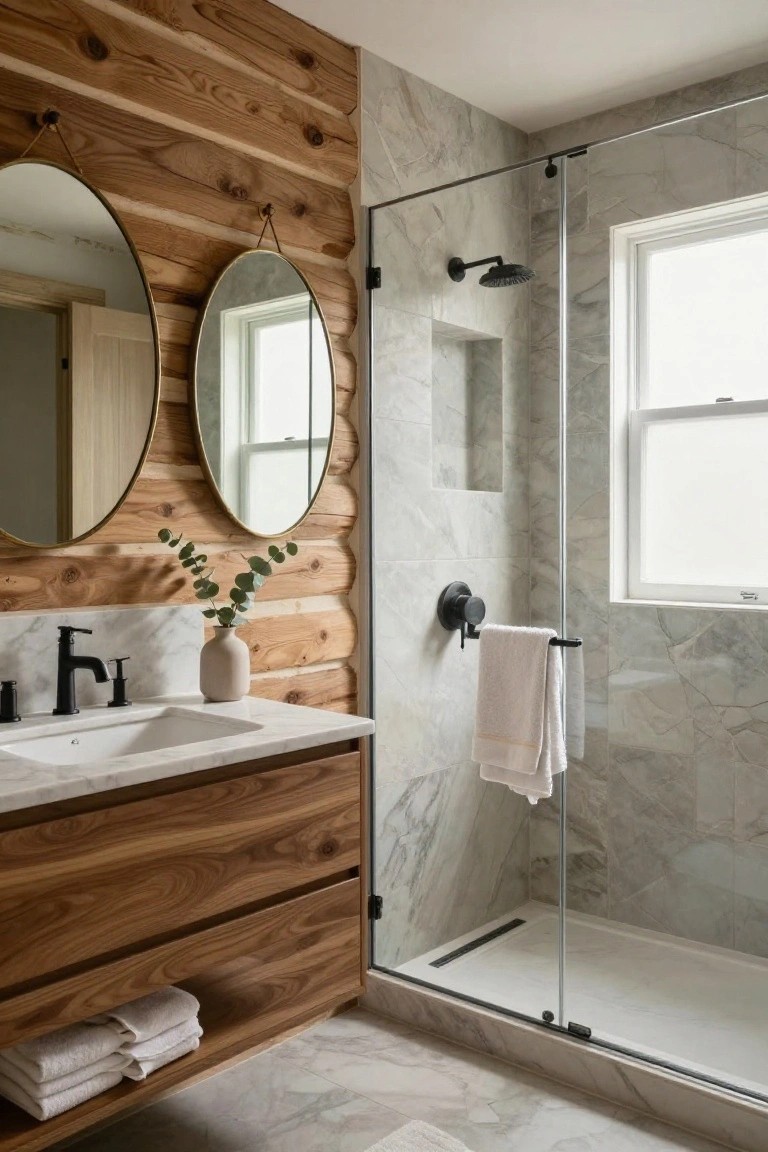 A bathroom with warm wood log paneling on one wall, two round brass mirrors, a white marble countertop vanity with black faucet, potted eucalyptus, and a glass shower enclosure with gray marble tiles and a window.