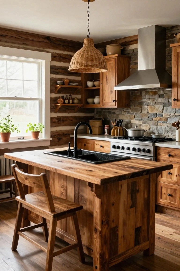 Rustic log cabin kitchen with wooden walls, stone backsplash, black faucet sink in a large wooden island, wooden stool, hanging rattan light, and window with plants.