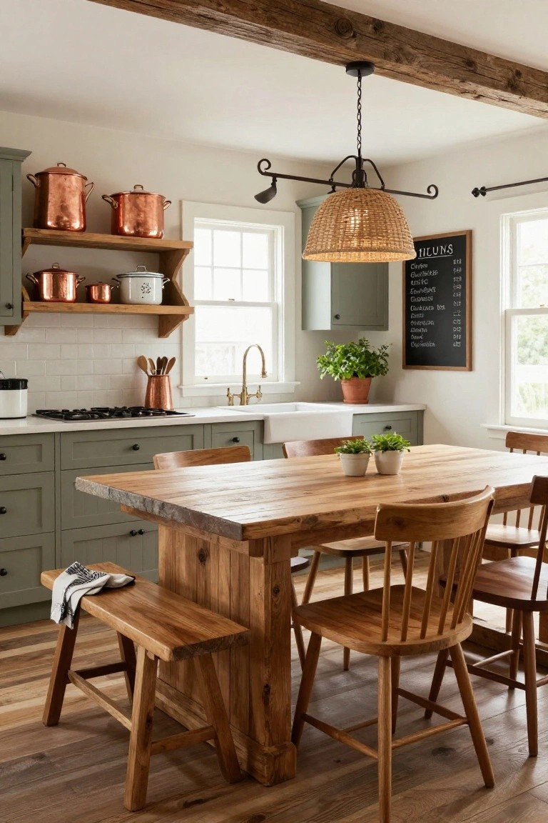Rustic kitchen with sage green lower cabinets, white subway tile backsplash, open wooden shelves holding copper pots and white ceramics, farmhouse sink, gas stove, large wooden table with benches and chairs, potted plants, rattan pendant light, and exposed wood beam ceiling.