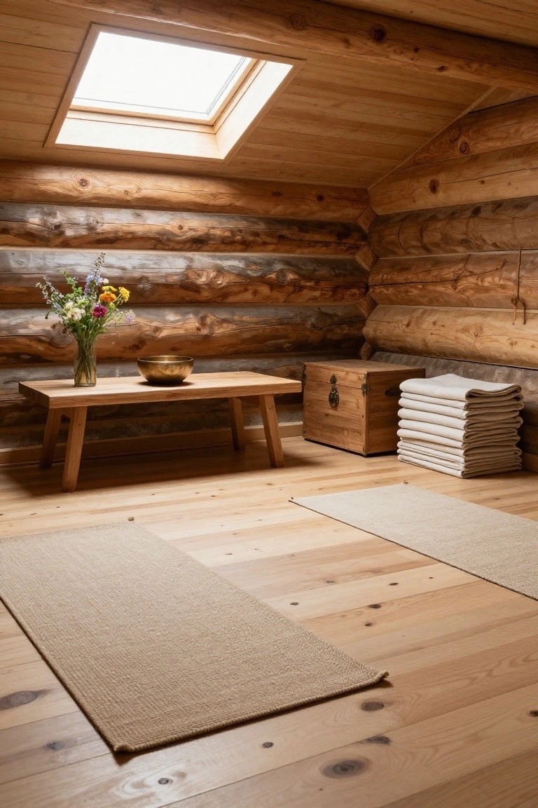 Rustic log cabin loft interior with exposed wooden log walls and ceiling, a skylight overhead, low wooden bench table holding a brass bowl and vase of mixed flowers, wooden chest with stacked white linens, and two seagrass rugs on light wood floors.
