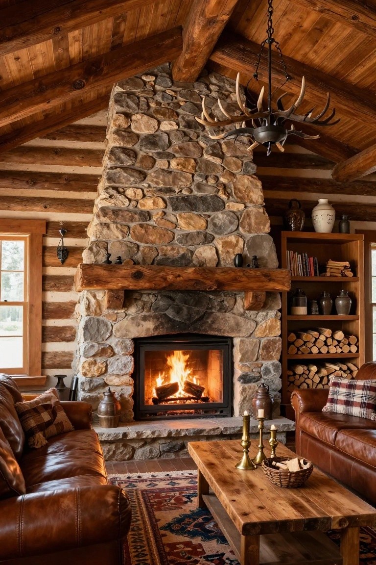 Log cabin living room interior with tall stacked stone fireplace burning a fire, leather sofas, wooden coffee table, antler chandelier, and wooden beams overhead.