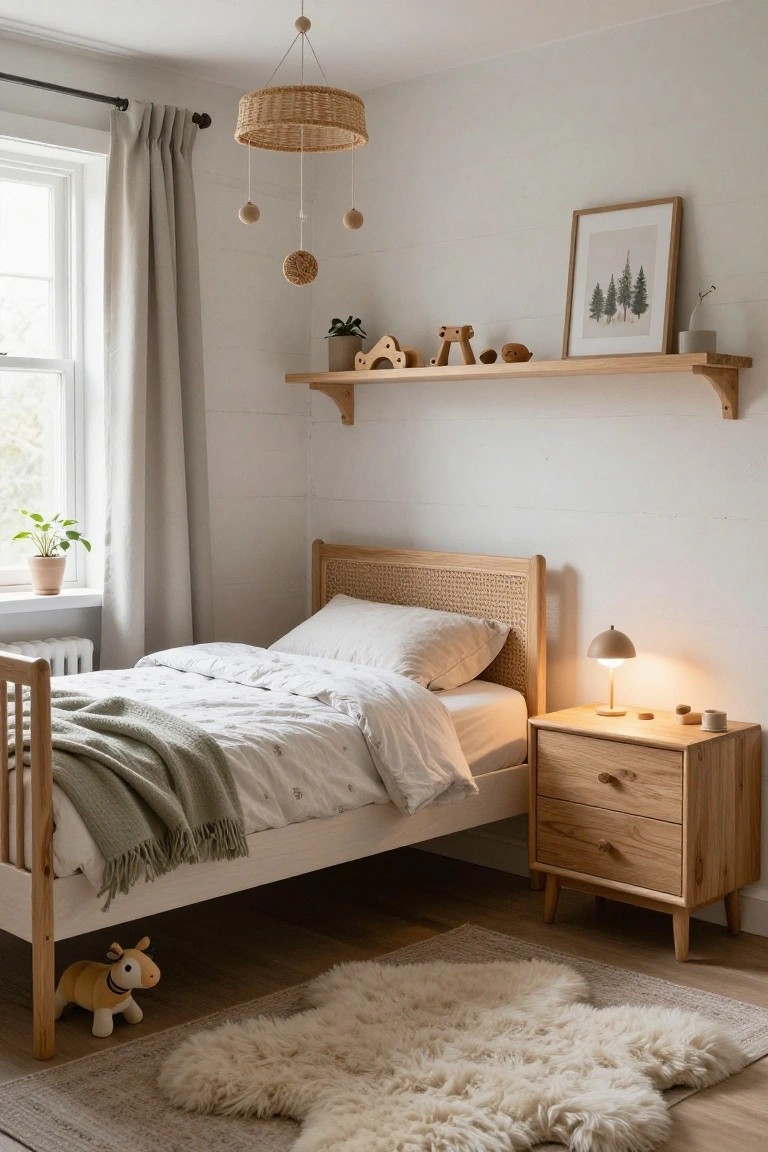 A bright child's bedroom with a low wooden bed frame featuring a rattan-woven headboard, matching wooden nightstand with lamp and small items, floating wooden shelves holding toys and plants, beige curtains at the window, and a large white fluffy rug on light wood flooring.