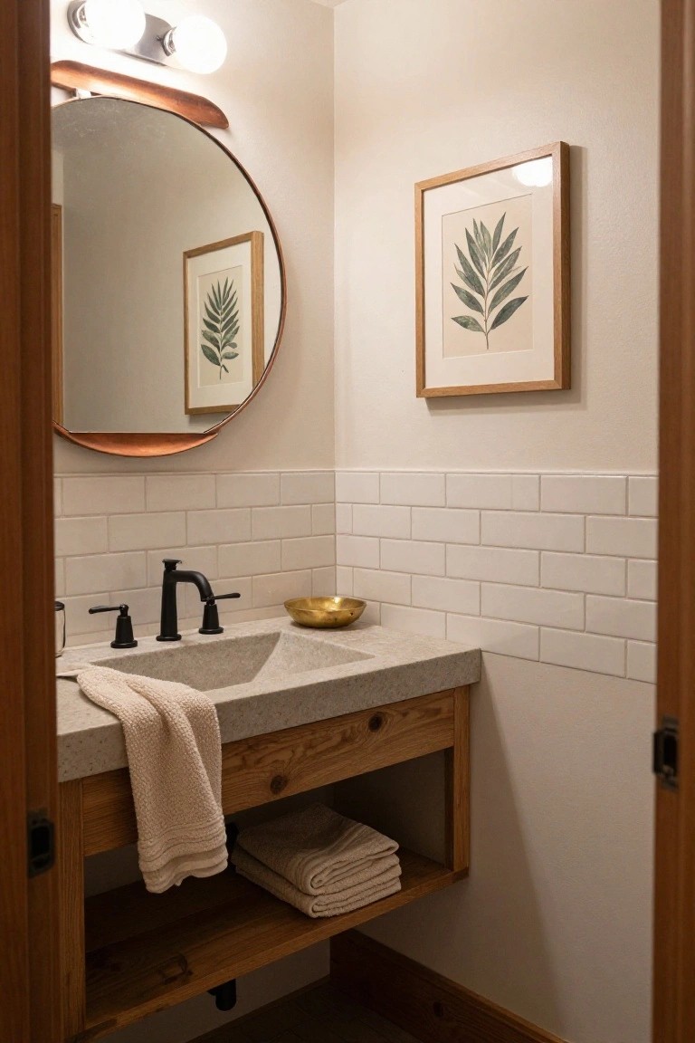 Small bathroom with wooden vanity base under gray concrete sink, white subway tile backsplash, round brass mirror, gold bowl on counter, and towels on open shelf.